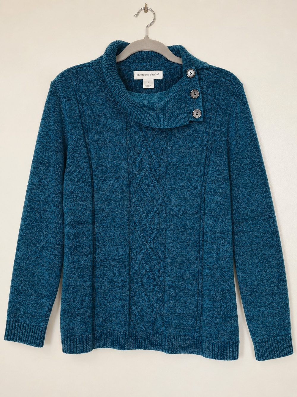 Christopher & Banks Teal Cable-Knit Button-Shoulder Cowl Sweater